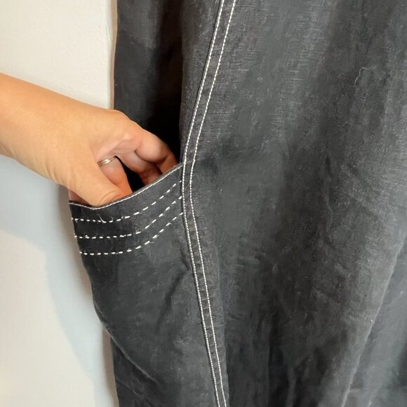Tyler Boe Black Linen Dress White Stitching Sleeveless A Line with Pockets Sz 14 - Picture 4 of 8